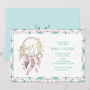 Invitation Bohème Dreather Catcher Turquoise fête d'anniversa