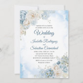 Invitation Bohème Dusty Blue Ivory Rose Fleurs Mariage (Devant)