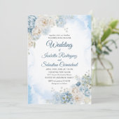 Invitation Bohème Dusty Blue Ivory Rose Fleurs Mariage (Debout devant)
