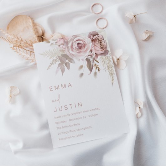 Invitation Bohème Dusty Rose Blush Floral Mariage