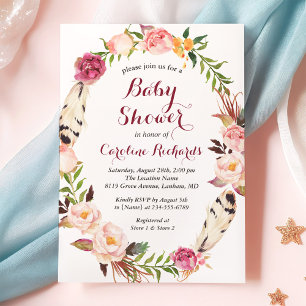Invitation Bohème en plumes Boho Floral Baby shower de couron