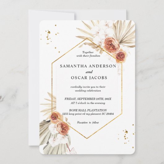 Invitation Bohème En Terracotta Séché Palm Feuilles & Fleurs (Devant)