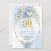 Invitation Bohème Fleur Bleu Clair Or 90e Anniversaire (Devant)