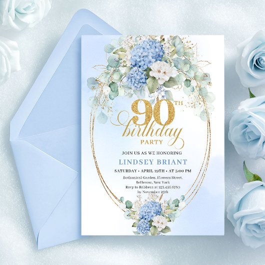 Invitation Bohème Fleur Bleu Clair Or 90e Anniversaire