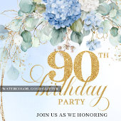 Invitation Bohème Fleur Bleu Clair Or 90e Anniversaire