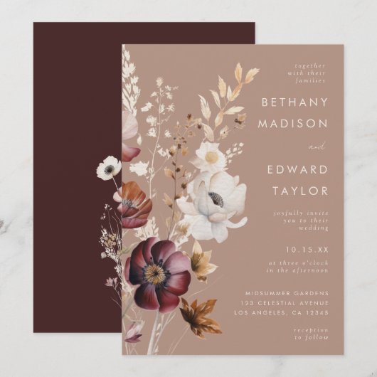 Invitation Bohème Floral Automne Mariage (Devant / Derrière)