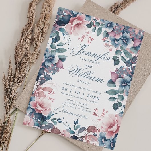 Invitation Bohème Floral Dusty Bleu élégant mariage
