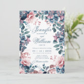 Invitation Bohème Floral Dusty Mariage bleu avec QR RSVP (Debout devant)