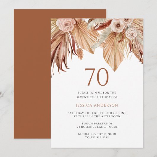 Invitation Bohème Floral Terracotta Boho 70e anniversaire (Devant / Derrière)