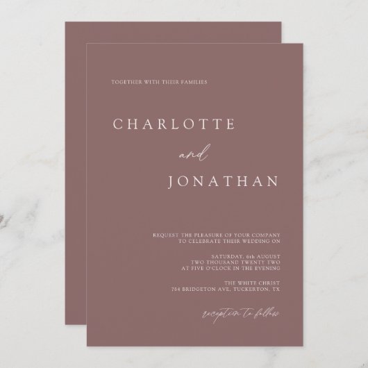 Invitation Bohème moderne violet foncé Mariage mauve (Devant / Derrière)
