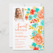 Invitation Bohème orange bleu floral photo chic doux 16 (Devant)