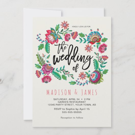 Invitation Bohème Orange Fleurs folkloriques Boho Chic Mariag (Devant)