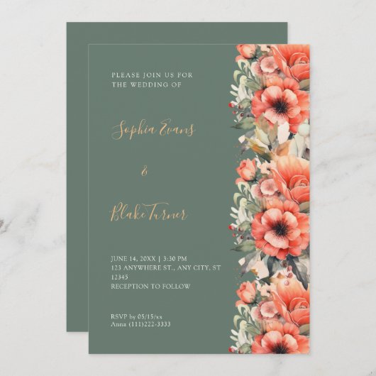 Invitation Bohème Orange Floral Automne Mariage vert (Devant / Derrière)