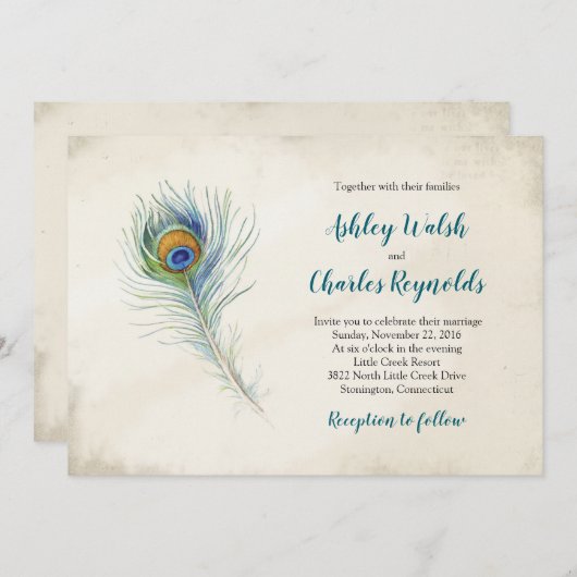 Invitation Bohème Peacock Feather Vintage Mariage Turquoise (Devant / Derrière)