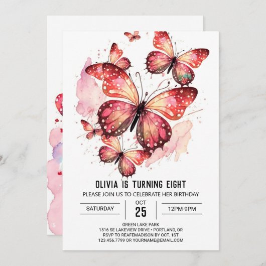 Invitation Bohème Printable Papillon fille Anniversaire (Devant / Derrière)