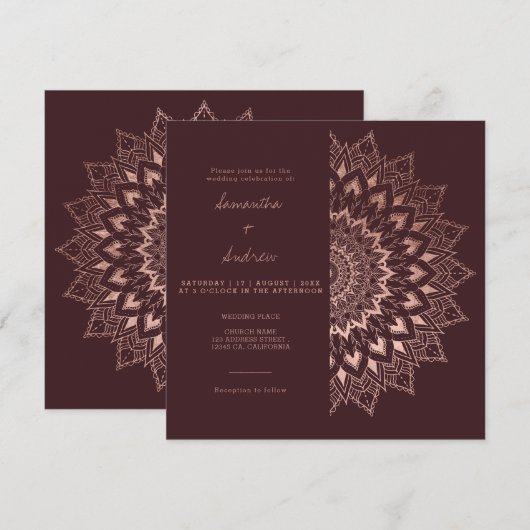 Invitation Bohème rose or floral mandala chic rouge mariage (Devant / Derrière)