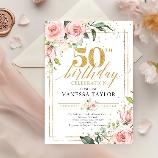Invitation Bohème rose pâle verdure fleurie & or 50ème