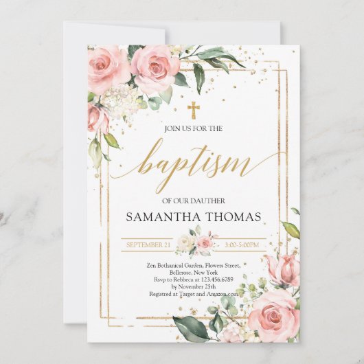 Invitation Bohême rose rose floral or parties scintillant bap (Devant)