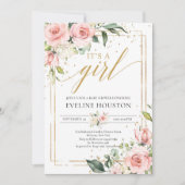 Invitation Bohème rose rousse or floral c'est une fille bébé (Devant)