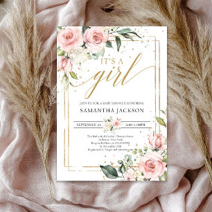 Invitation Bohème rose rousse or floral c'est une fille bébé