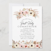 Invitation bohème rustique fleurie moderne première communion (Devant)