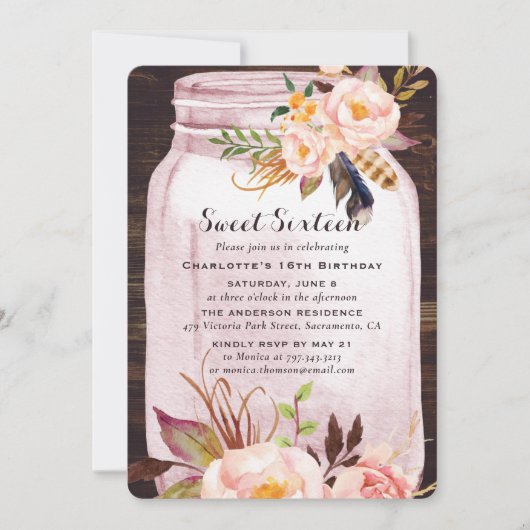 Invitation Bohème Rustique Mason Jar Rose Sweet 16 Anniversai (Devant)