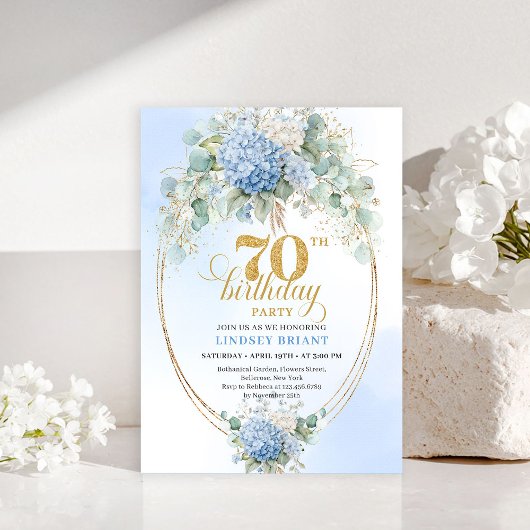 Invitation Bohemian 70th Birthday Blue Hydrangeas Gold Invite
