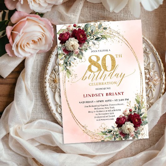 Invitation Bohemian Blush Burgundy Flowers 80th Birthday 
