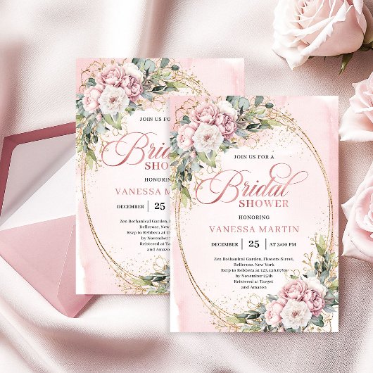 Invitation Bohemian Blush Pink Flowers Gold Shower