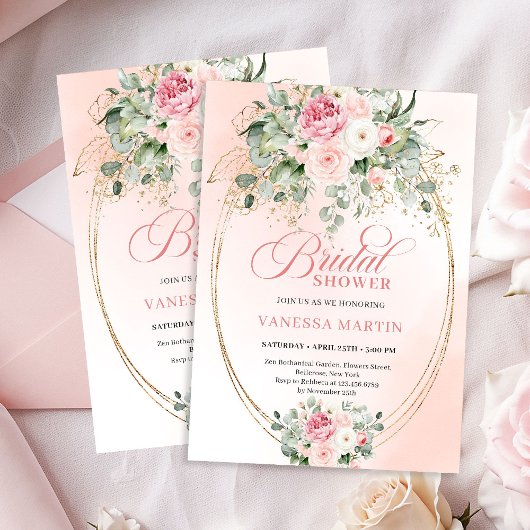 Invitation Bohemian Blush Roses Eucalyptus Gold Bridal Shower