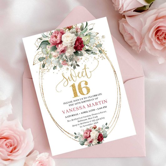 Invitation Bohemian Burgundy Blush Greenery Sweet 16 Invites