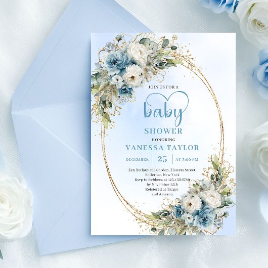Invitation Bohemian Dusty Blue Floral Greenery Baby Shower 