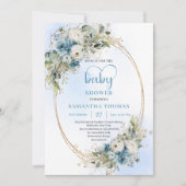 Invitation Bohemian Dusty Blue Floral Greenery Baby Shower  (Devant)