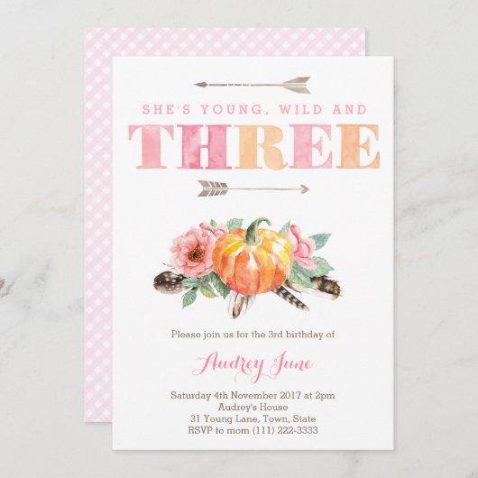 Invitation Bohemian Fall Girl 3ème fête d'anniversaire (Devant / Derrière)