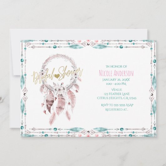 Invitation Bohemian Feather Drecher Catcher Fête des mariées (Devant)