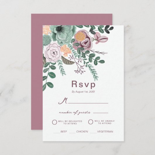 Invitation Bohemian Green & Mauve Chic Floral Flowers réponse (Devant / Derrière)
