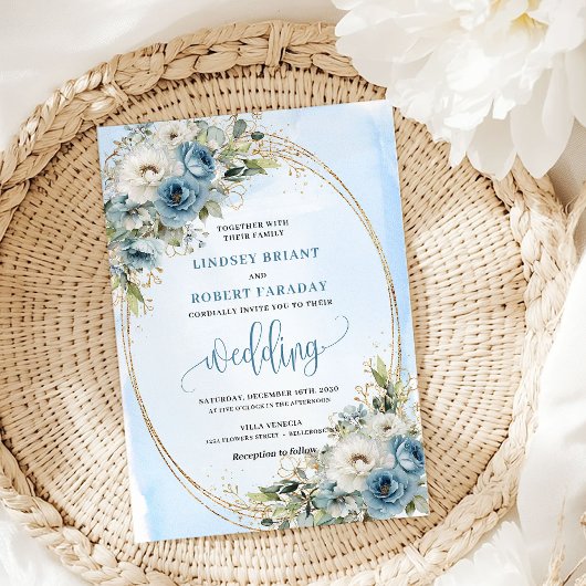 Invitation Bohemian Pastel Blue Floral Gold Wedding Invite