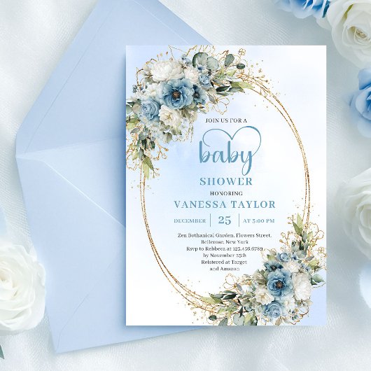 Invitation Bohemian Pastel Blue Floral Greenery Baby Shower