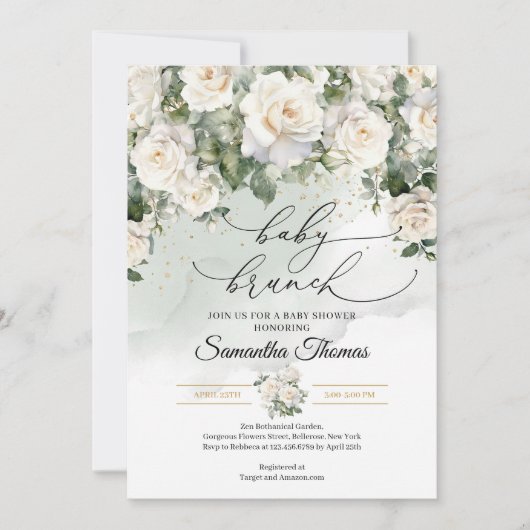 Invitation Bohemian White Roses and Eucalyptus baby brunch (Devant)