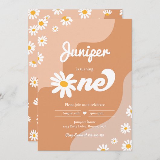 Invitation Boho 1er anniversaire Daisy Floral Super 70's Part (Devant / Derrière)
