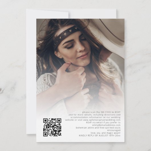 Invitation Boho 2 Photos superposer QR Code Mariage de Bohême (Dos)