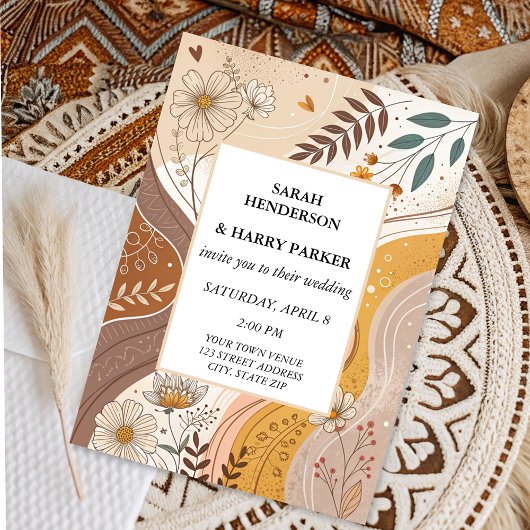 Invitation Boho Abstrait Beige Floral Mariage