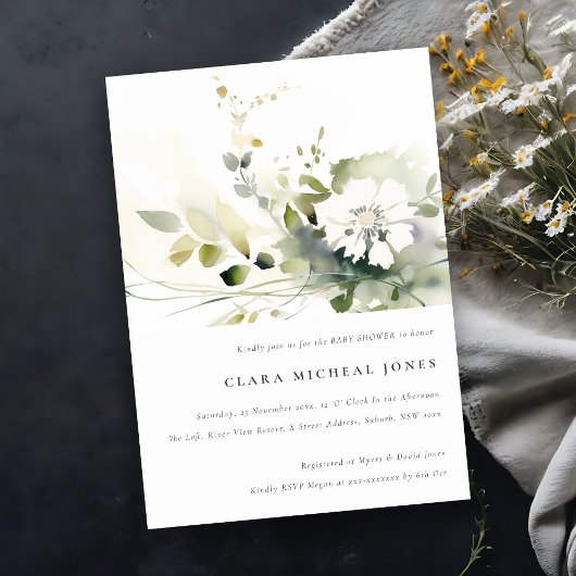 Invitation Boho Abstrait vert blanc Baby shower floral