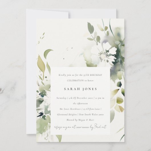 Invitation Boho Abstrait Vert Blanc Floral Anniversaire (Devant)