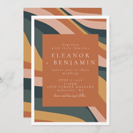 Invitation Boho Abstrait Wavy Lines Terracotta Green Mariage (Devant / Derrière)