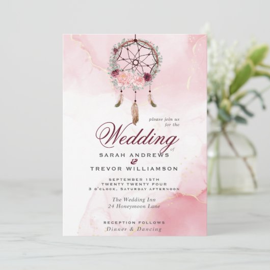 Invitation Boho All in One Mariage Rose Maroon Dream Catcher (Debout devant)