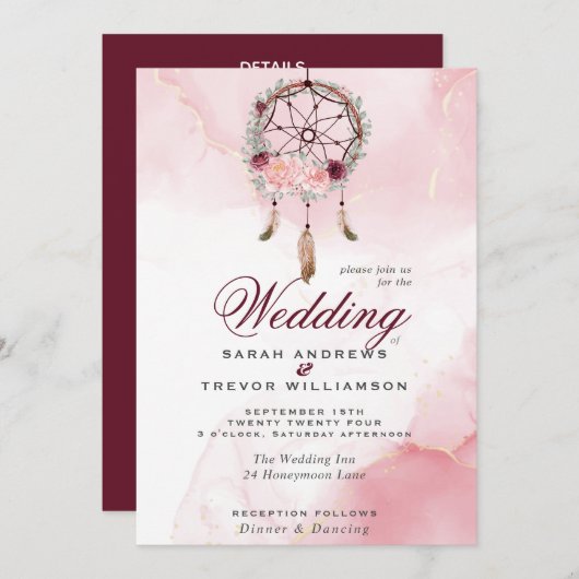 Invitation Boho All in One Mariage Rose Maroon Dream Catcher (Devant / Derrière)