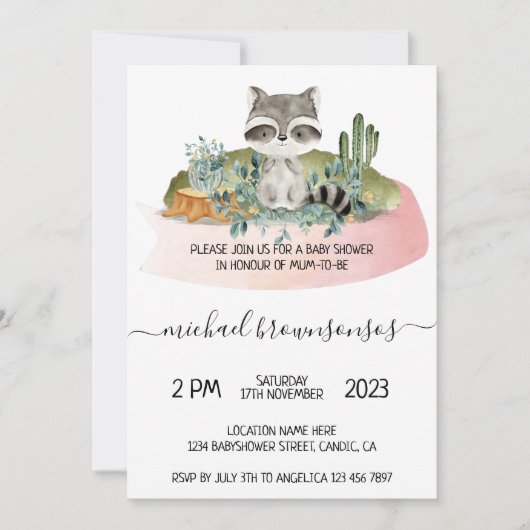 Invitation Boho Animal Raccoon Baby shower tropical (Devant)