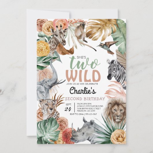 Invitation Boho Animal Safari Deux Wild Anniversaire Invitati (Devant)