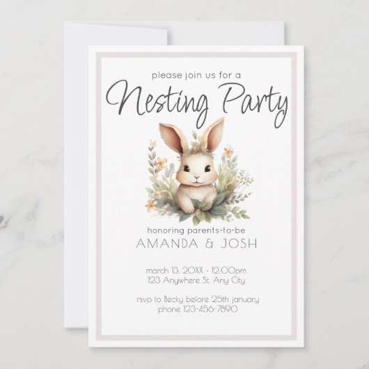 Invitation Boho animaux mignon lapin botanique Nesting Party (Devant)